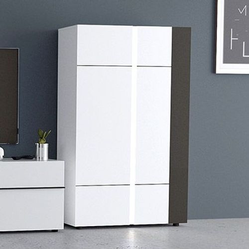Buffet Haut 2 Portes H165 Cm Avec Led Blanc Et Gris Foncé - Albya