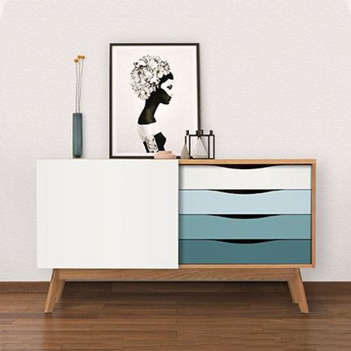 Buffet 1 Porte 4 Tiroirs Blanc Et Bleu - Clyde