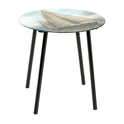 Table D'appoint Ronde 40x41 Cm Noir Motif Bateau