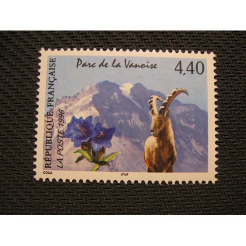 Timbre Nature De France 1996 : Parc De La Vanoise - Le Bouquetin Et La Gentiane - Y&t 2998
