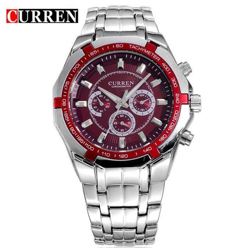 Montre Quartz De Sport Pour Hommes, Étanche 30m, En Acier Inoxydable, 8084 Silver Red