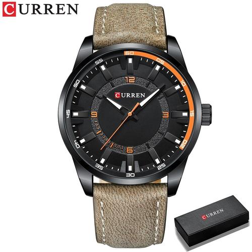 Nouvelles Montres Bleues Pour Hommes, Montre-Bracelet En Cuir Décontracté Quartz, Horloge Simple Pour Cadeau Black Couleur Orange Box