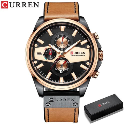 Montre-Bracelet Sportif Quartz Pour Homme, Mode Décontractée, Bleu, Chronographe, Cuir Couleur Orange Box