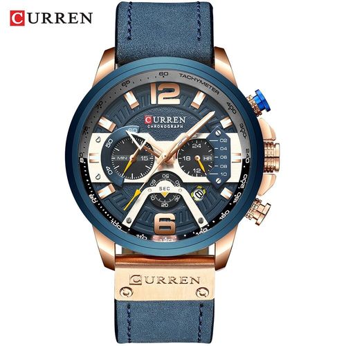 Montre-Bracelet En Cuir Pour Hommes, Sport Chronographe Avec Date Rose Blue