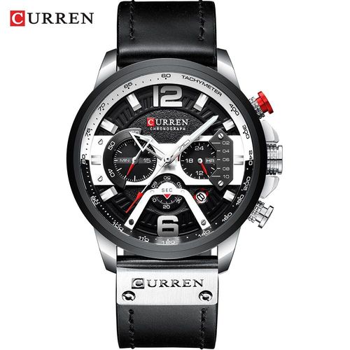 Montre-Bracelet En Cuir Pour Hommes, Sport Chronographe Avec Date Silver Black