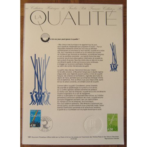 Timbre France 1997 Yvert Et Tellier N°3113 La Qualité Oblitéré Premier Jour 18.10.1997 Collection Historique Du Timbre-Poste Français Document Philatélique Officiel Sous Chemise Plastique