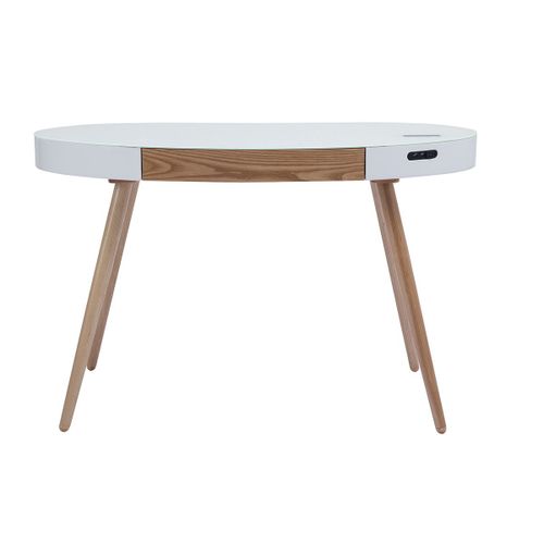 Bureau Connecté Multimédia - Verre Blanc Et Bois Clair Handy