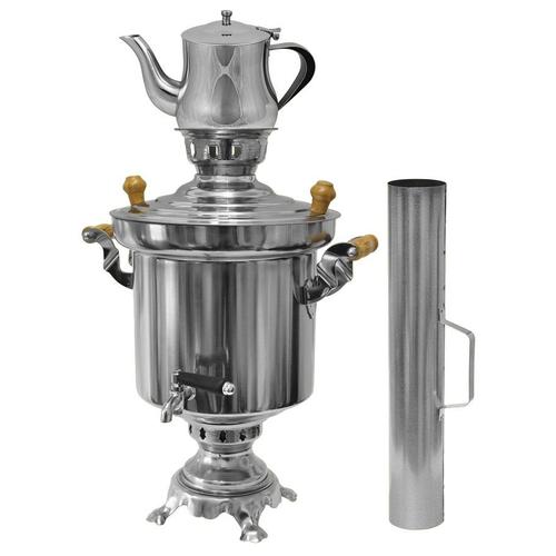 Samovar à charbon de bois en acier inoxydable de 5 litres avec théière de 0,9 litre + chaudière à eau avec cheminée, machine à thé russe