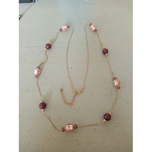 Collier Perles Rose Violet Chaîne Doré Très Bon État
