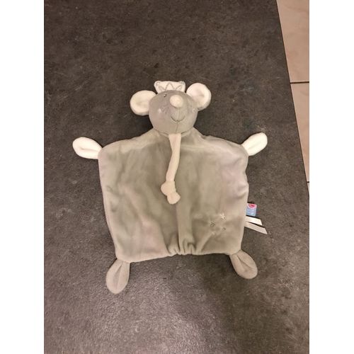 Doudou Plat Souris Gris Et Blanc Couronne Sucre D'orge