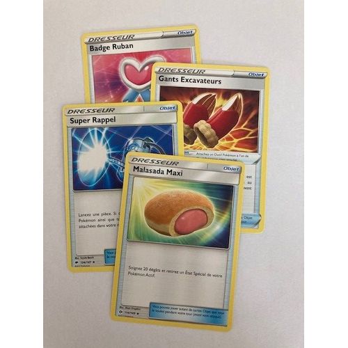 (2195) Badge Ruban + Gants Excavateurs + Super Rappel + Malasada Maxi (Pokemon)