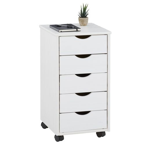 Caisson De Bureau Lagos Meuble De Rangement Sur Roulettes Avec 5 Tiroirs, En Pin Massif Lasur? Blanc