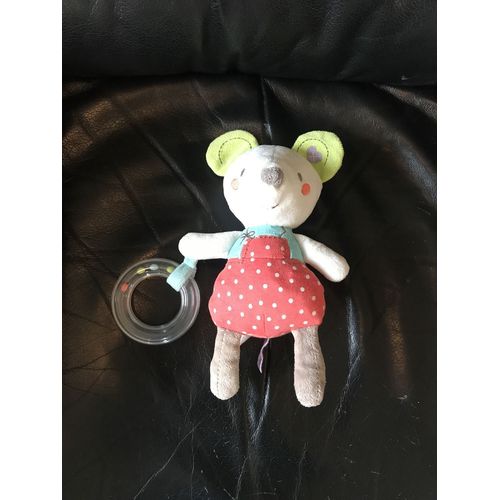 Doudou Souris Pommette Oreilles Verte Robe Rouge A Point Blanc Avec Son Hochet 25cm