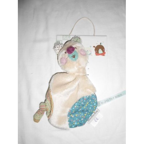Doudou Moulin Roty Les Jolis Trop Beaux 665015 Ours Plat Tissu Noeud