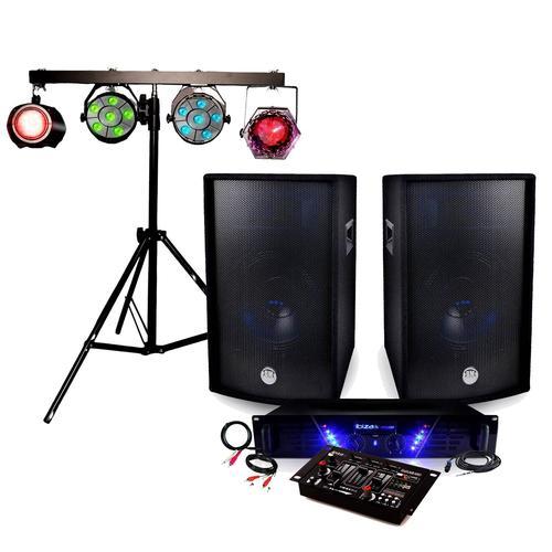 Pack Sonorisation Audio Club, Ampli Ibiza sound AMP-300, Enceintes 2x600W Table de mix USB, Portique Lumières DJ, Câbles