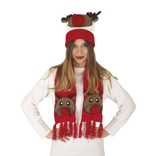 Set Bonnet Écharpe Renne Rudolphe Nez Rouge Adulte