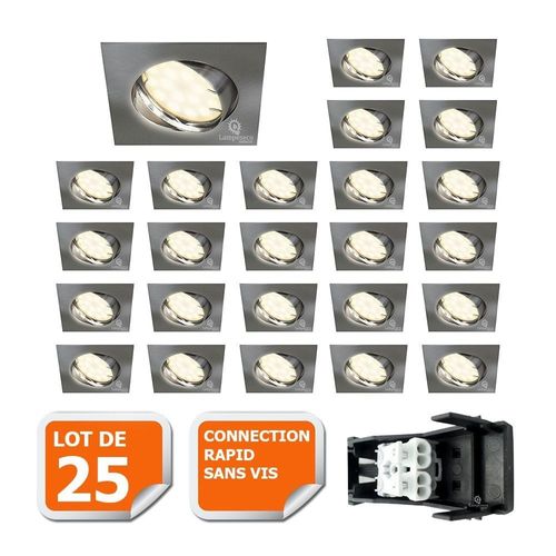 Lot De 25 Spot Encastrable Orientable Led Carre Alu Brosse Gu10 230v Eq. 50w Blanc Neutre
