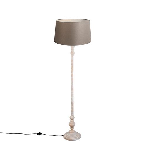 Qazqa Classique/Antique /Rustique Lampadaire / Lampe De Sol / Lampe Sur Pied / Luminaire / Lumiere / ÃClairage Country Taupe Avec Abat-Jour En Lin 45 Cm - Classico Bois /Tissu Gris,Marron Cylindre /Oblongue / Intã©Rieur / Salon E27 Max. 1 X 40 Watt