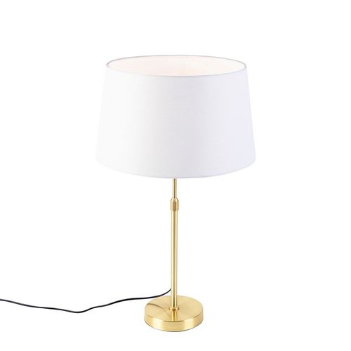 Qazqa Moderne Lampe De Table / Lampe Ã¡ Poser / Luminaire / Lumiere / ÃClairage Or / Dorã©E / D'or / Laiton Avec Abat-Jour En Lin Blanc 35 Cm - Parte Acier /Lin Blanc,Dorã©/Laiton Rond...