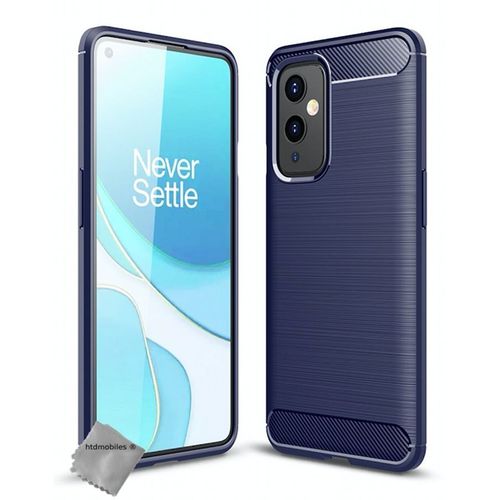 Housse Etui Coque Silicone Gel Carbone Pour Oneplus 9 + Verre Trempe - Bleu Fonce