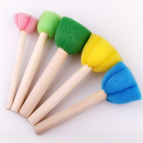 Lot De 5 Brosses Avec Mini Éponge Pour Peinture À La Main Pour Enfant, Outil De Couleur Avec Manche En Bois Et Avec Brosse, Pour Faire Soi-Même, Livré Avec Sac D'emballage Coloré Opp, Pour Bébé, 5 Piè
