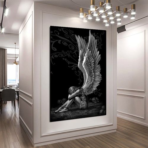 Peinture À L'huile D'ange Triste Fille, Peinture Murale D'ange Assis Sur Un Ange Fort, Décoration Pour La Maison, 2021