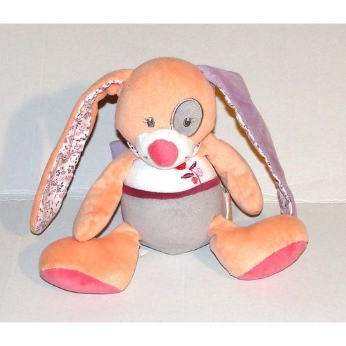 Doudou Lapin Musical Doukidou Jollymex - Peluche Lapin Orange Blanc Gris Décoré Aux Oreilles 21 Cm