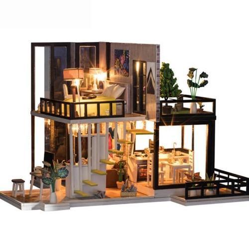 Maison de poupee de DIY bricolage Maison de poupee en bois miniature Maison  de poupee miniature avec des meubles Kit de villa avec