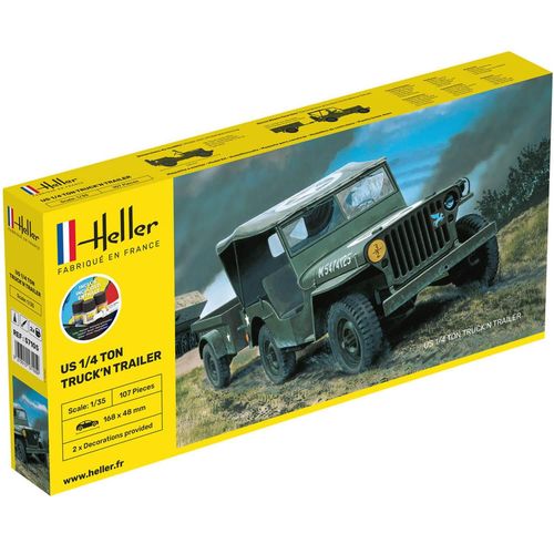 Maquette Véhicule Militaire : Starter Kit : Us 1/4 Ton Truck'n Trailer-Heller