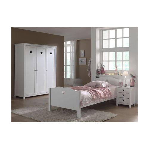 Vipack Amori Lit Simple 90x200cm + Chevet + Armoire Trois Portes