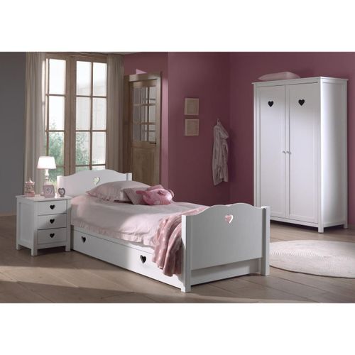 Vipack Amori Lit Simple 90x200cm + Sommier + Chevet + Armoire 2 Portes + Lit Gigogne