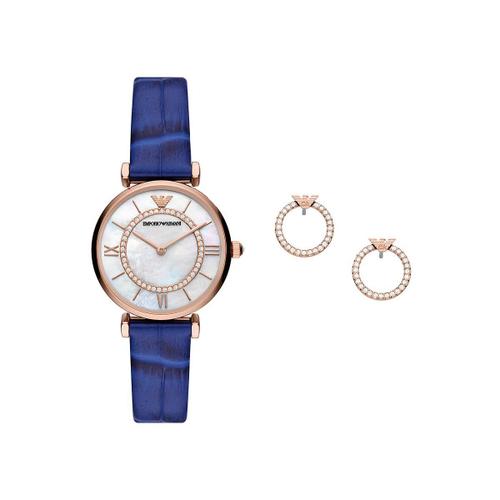 Coffret Emporio Armani Gianni T-Bar Montre Femme En Cuir Bleu Et Boucles D'oreilles