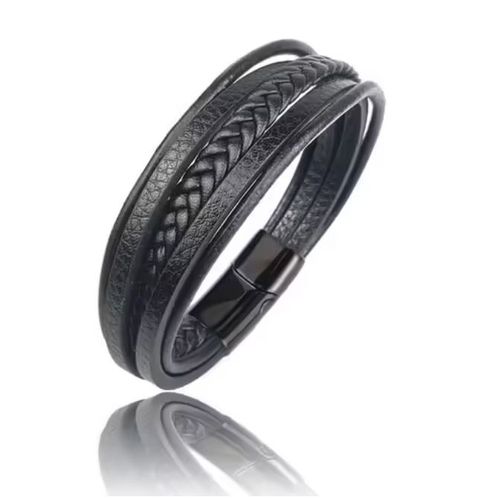 28b-Noir - 18,5 Cm - Bracelet En Acier Titane Bleu Punk Tressé En Cuir Pour Hommes, Fermoir Magnétique Noir, Le Meilleur Cadeau Pour Les Bijoux Vintage