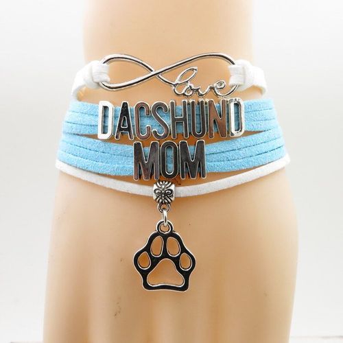 Bracelet En Cuir Blanc Et Bleu Pour Femmes Et Hommes, Breloque Patte Chien, Teckel Maman, Bracelets