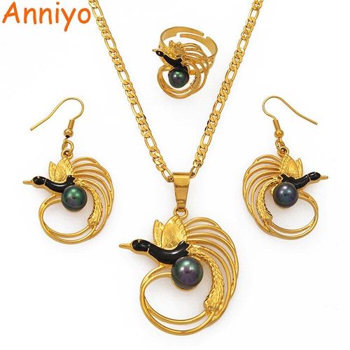 Ensemble De Bagues Pour Femmes, Collier, Boucles D'oreilles, Oiseau, Perle, Vert, Noir, Couleur Or, Papua, Nouvelle Guinée, Bijoux De Mariage, #196806