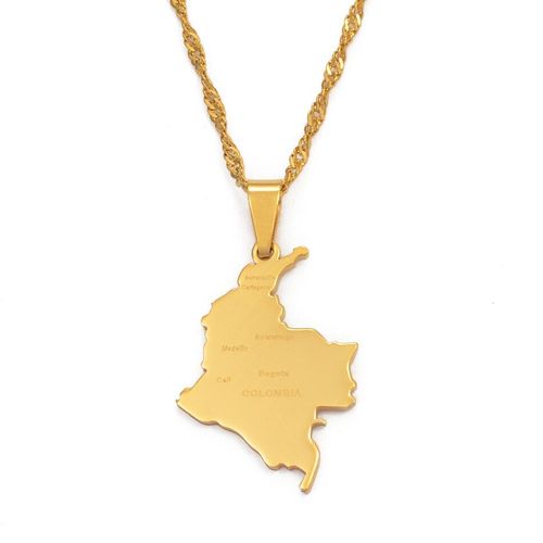 Pendentif De La Colombie Et Chaîne Ondulée En Acier Inoxydable, Bijoux Pour Femmes Et Filles, Carte De Pays, #112621