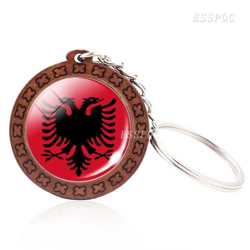 Bibelot Drapeau D'europe Du Sud, Albanie, Andorre, Espagne, Portugal, Italie, Grèce, Malte, Dôme En Verre, Porte Clés Pendentif En Bois