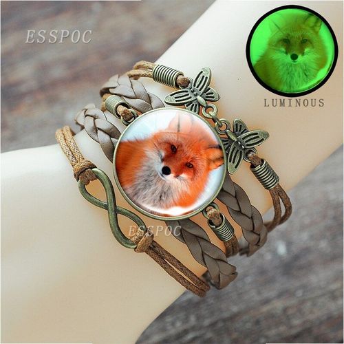 Bracelet En Cuir Marron Pour Femmes, Mignon, Fait À La Main, Photo Renard Rouge, Papillon Perlé, Brille Dans La Nuit, Cadeaux Pour Femmes