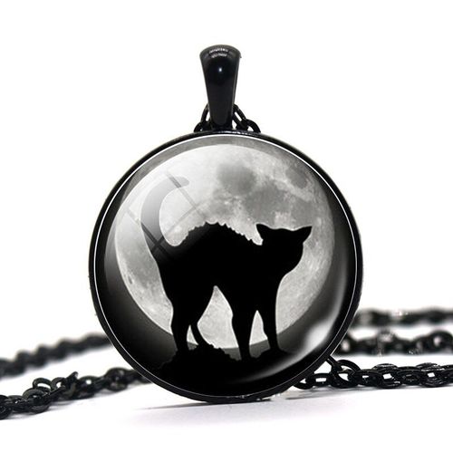 Collier Pendentif Chat Noir Avec Lune Pour Femmes Et Hommes, Cabochon En Verre, Accessoires Gothiques À La Mode, Cadeaux, Vente En Gros