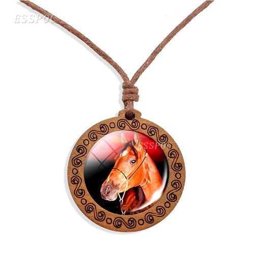 Collier Cheval Marron Vintage, Image Cheval Marron, Cabochon En Verre, Pendentif En Bois, Collier Rétro En Corde De Cire Pour Femmes, Livraison Directe