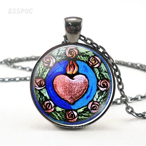 Collier En Verre Pour Femmes, Bijoux En Forme De C¿Ur Sacré, Cabochon En Verre Artisanal, Chaîne De Chandail