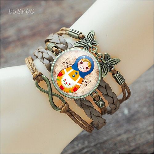 Matriyoshka Babushka Pour Filles, Bracelet En Cuir, Couleur Marron, Poupées Russes, Photo Cabochon, Bracelet À Breloques