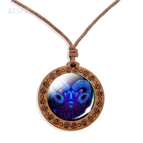 Collier En Bois Rétro 12 Constellations Signes Du Zodiaque, Cabochon En Verre, Pendentif, Bijoux En Bois, Cadeaux D'anniversaire, Livraison Directe