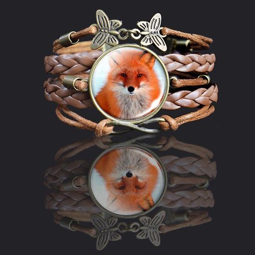 Bracelet Fait À La Main Avec Photo De Renard Mignon Pour Femmes Et Hommes, Cabochon En Verre Transparent En Cuir Marron, Bijoux Faits À La Main Avec Perles