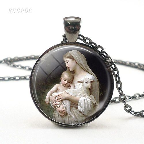 Collier Avec Cabochon En Verre, Vierge Marie, Jésus Et Agneau, Pendentif, Chaîne En Bronze Noir, Bijoux Religieux, Cadeau Chrétien