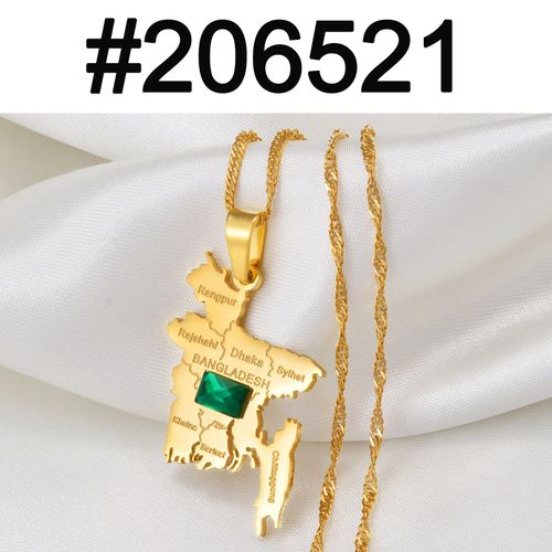 Colliers Carte Du Bangladesh Avec Pendentif Pierre Verte, Chaîne De Cartes Du Bangladesh, Couleur Or/Argent, #206521