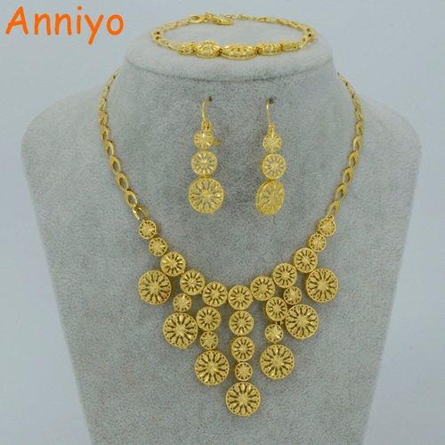 Anniyo Ensemble De Bijoux Pour Mariée Africaine, Collier, Boucles D'oreilles/Bracelet, Motif Doré, Mariage Éthiopien Arabe Et Nigérian, Cadeau #004110