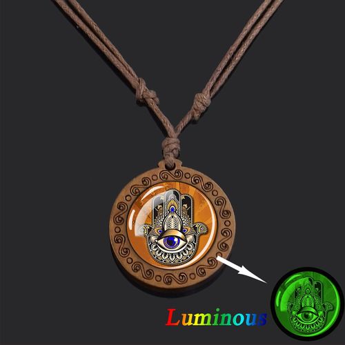 Pendentif En Bois Fait À La Main, Bijoux Religieux, Collier De Yoga, Main De Fatima Judaica, Cabochon En Verre Brille Dans La Nuit, Livraison Directe