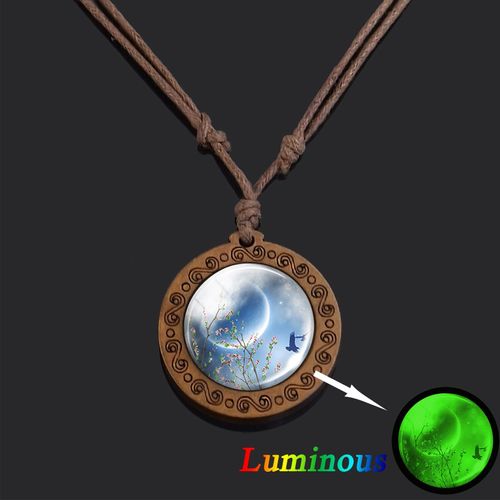 Collier Cabochon En Verre Avec Photo De Lune Vintage Pour Femmes, Bijoux Tendance, Pendentifs En Bois, Lumineux