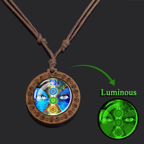 Collier Signe Magique Zen Religion, Cabochon Lumineux En Verre, Bijoux Symboles Chakra, Pendentifs En Bois, Cadeau Pour Hommes, Accessoire